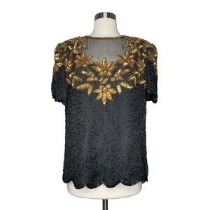 Vintage Denise Elle Top Women XL Black Beaded 100% SILK Gold Flower Short Sleeve